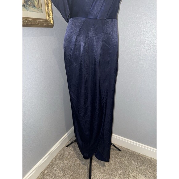 Navy Draped Dress One-Shoulder Satin Sz 10 Slit Evening Cocktail Blue Long ASOS - Picture 6 of 16
